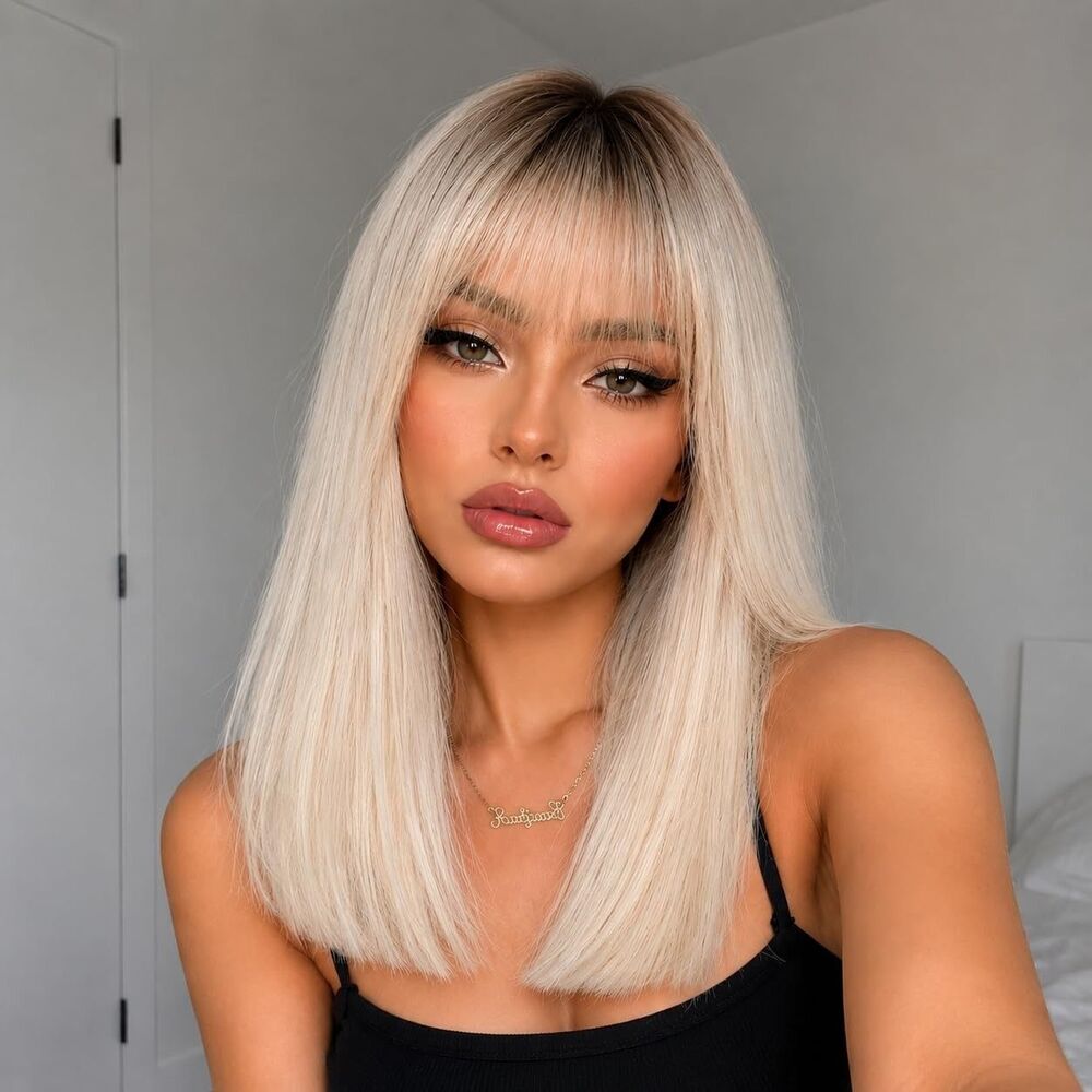 XCHJH 16" Ombre Blonde Bob Wig with Bangs Heat Resistant Synthetic Hair